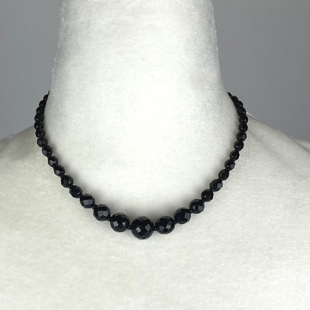 Vintage Black Faceted Glass Graduated Bead Necklace Germany